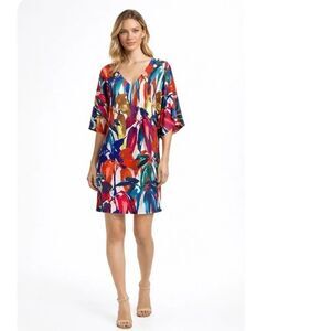 Trina Turk Autumn Jungle Jersey Shift Dress Size 4 Multicolor Leaf 1/2 Sleeve